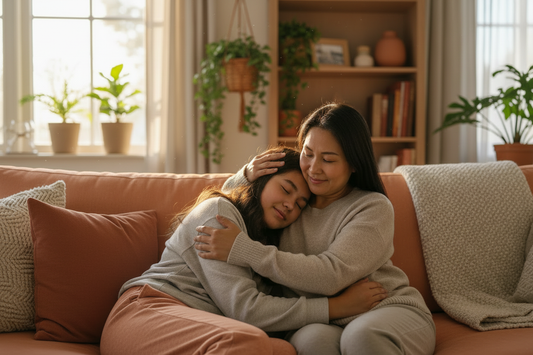 Maman et fille adolescente enlacées sur le canapé dans un moment de complicité et tendresse